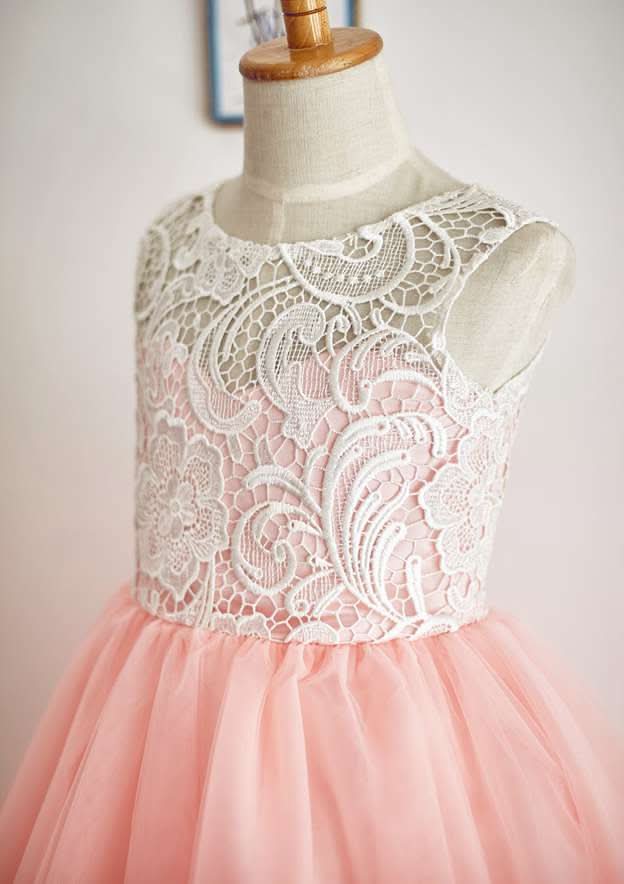 Knee-Length Lace Tulle Flower Girl Dress with Short Sleeves - A-line/Princess Scoop Neck BM bride