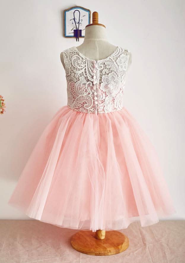 Knee-Length Lace Tulle Flower Girl Dress with Short Sleeves - A-line/Princess Scoop Neck BM bride