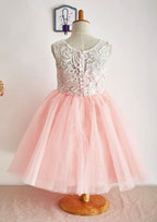 Knee-Length Lace Tulle Flower Girl Dress with Short Sleeves - A-line/Princess Scoop Neck BM bride
