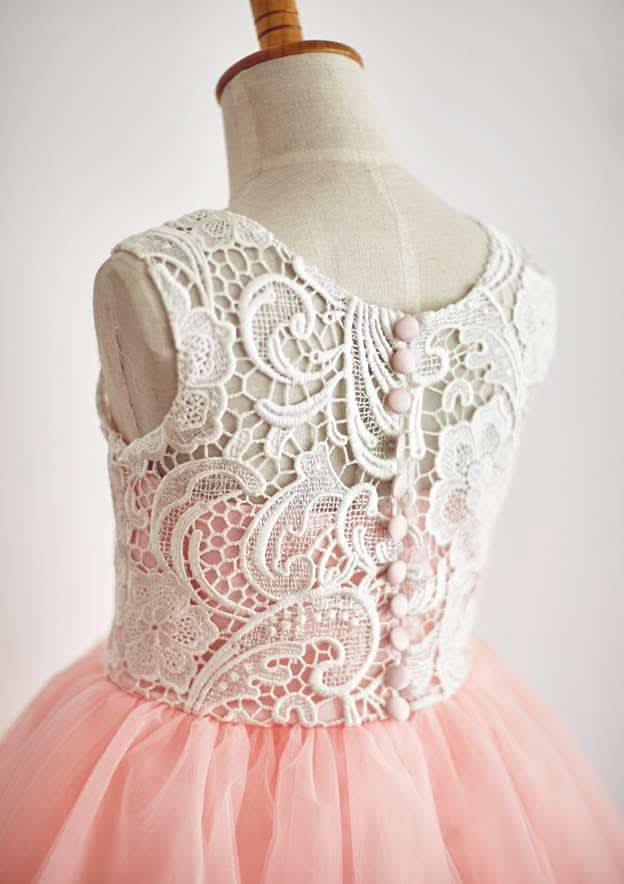 Knee-Length Lace Tulle Flower Girl Dress with Short Sleeves - A-line/Princess Scoop Neck BM bride