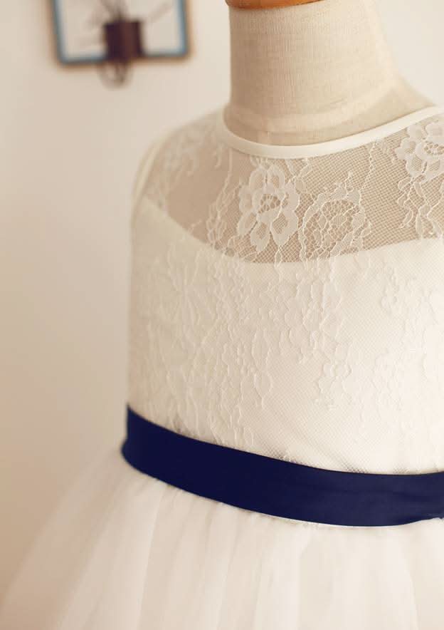 Tea-Length Lace and Tulle Dress with Charming Bowknot - A-line/Princess Scoop Neck Flower Girl Dress BM bride
