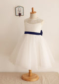 Tea-Length Lace and Tulle Dress with Charming Bowknot - A-line/Princess Scoop Neck Flower Girl Dress BM bride