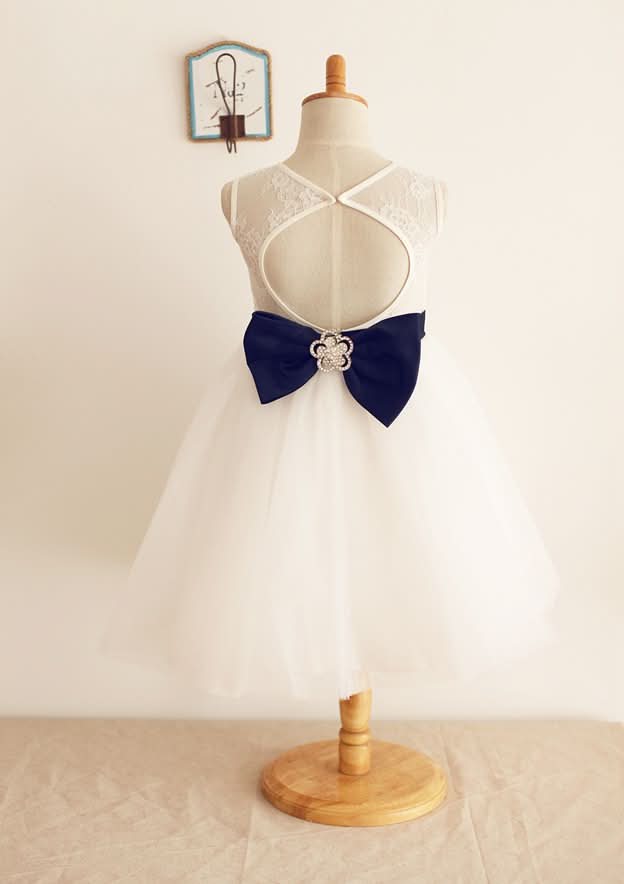 Tea-Length Lace and Tulle Dress with Charming Bowknot - A-line/Princess Scoop Neck Flower Girl Dress BM bride