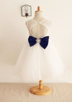 Tea-Length Lace and Tulle Dress with Charming Bowknot - A-line/Princess Scoop Neck Flower Girl Dress BM bride
