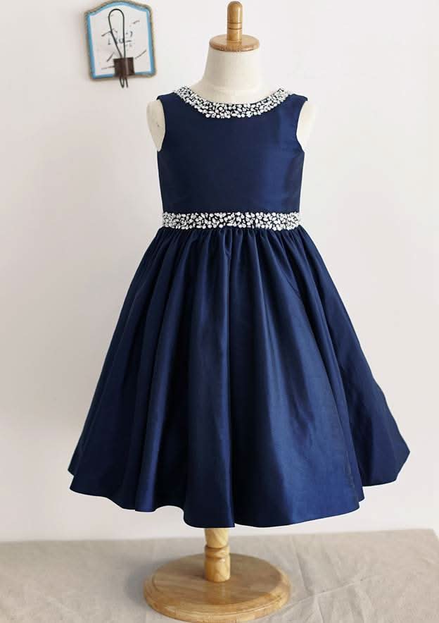 Ankle-Length Taffeta Wedding Party Dress with Rhinestone Accents - A-line/Princess Scoop Neck Flower Girl Dress BM bride