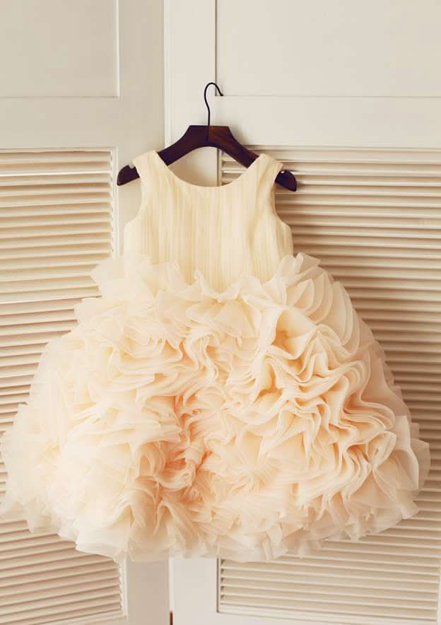 Tea-Length Tulle Flower Girl Dress with Lovely Flowers - A-line/Princess Scoop Neck BM bride