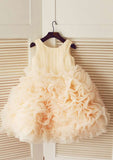 Tea-Length Tulle Flower Girl Dress with Lovely Flowers - A-line/Princess Scoop Neck BM bride