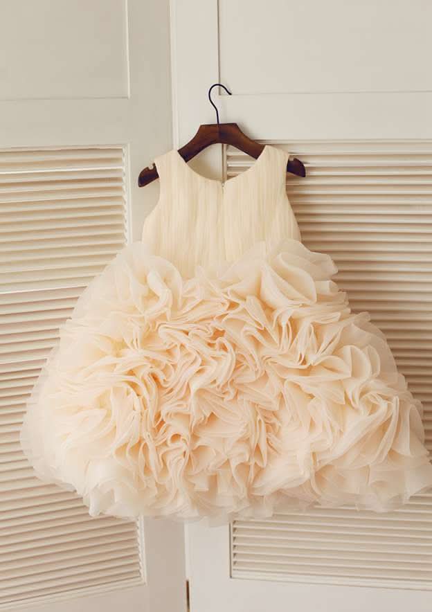 Tea-Length Tulle Flower Girl Dress with Lovely Flowers - A-line/Princess Scoop Neck BM bride