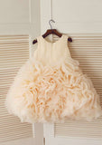 Tea-Length Tulle Flower Girl Dress with Lovely Flowers - A-line/Princess Scoop Neck BM bride