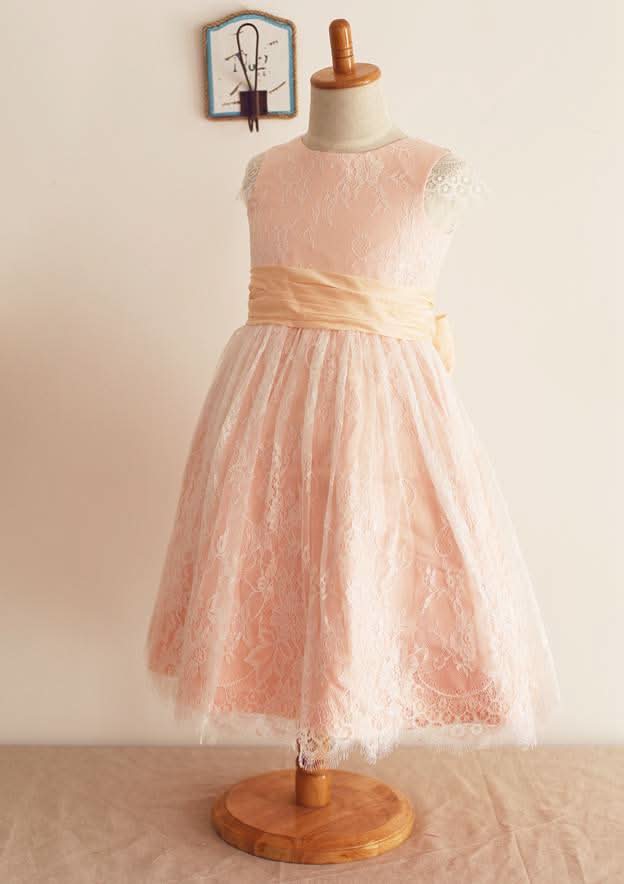 Ankle-Length Lace, Satin, and Taffeta Wedding Party Dress with Charming Bowknot - A-line/Princess Scoop Neck Flower Girl Dress BM bride