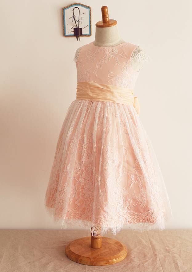 Ankle-Length Lace, Satin, and Taffeta Wedding Party Dress with Charming Bowknot - A-line/Princess Scoop Neck Flower Girl Dress BM bride