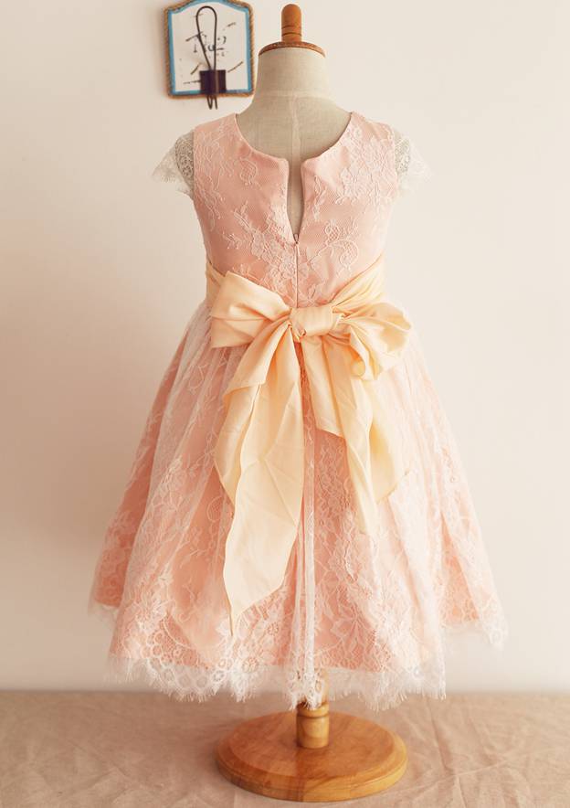 Ankle-Length Lace, Satin, and Taffeta Wedding Party Dress with Charming Bowknot - A-line/Princess Scoop Neck Flower Girl Dress BM bride