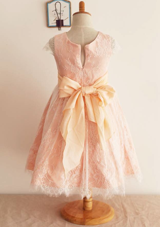 Ankle-Length Lace, Satin, and Taffeta Wedding Party Dress with Charming Bowknot - A-line/Princess Scoop Neck Flower Girl Dress BM bride
