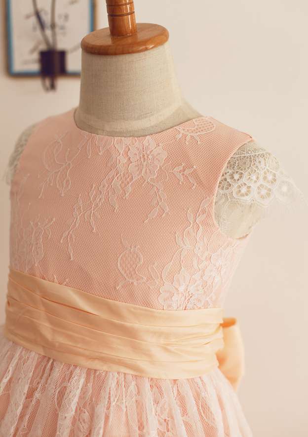 Ankle-Length Lace, Satin, and Taffeta Wedding Party Dress with Charming Bowknot - A-line/Princess Scoop Neck Flower Girl Dress BM bride