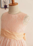 Ankle-Length Lace, Satin, and Taffeta Wedding Party Dress with Charming Bowknot - A-line/Princess Scoop Neck Flower Girl Dress BM bride