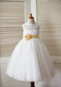 Knee-Length V Neck Lace Tulle Flower Girl Dress - A-line/Princess BM bride