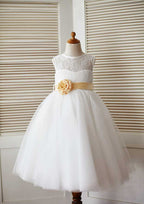 Knee-Length V Neck Lace Tulle Flower Girl Dress - A-line/Princess BM bride