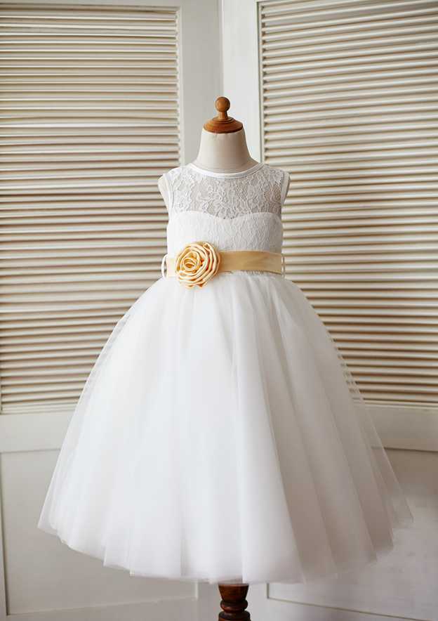 Knee-Length V Neck Lace Tulle Flower Girl Dress - A-line/Princess BM bride