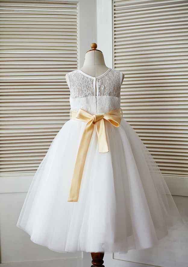 Knee-Length V Neck Lace Tulle Flower Girl Dress - A-line/Princess BM bride
