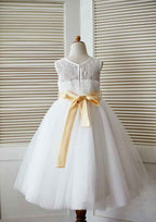 Knee-Length V Neck Lace Tulle Flower Girl Dress - A-line/Princess BM bride