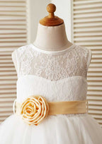 Knee-Length V Neck Lace Tulle Flower Girl Dress - A-line/Princess BM bride