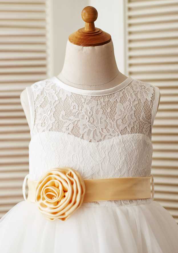 Knee-Length V Neck Lace Tulle Flower Girl Dress - A-line/Princess BM bride