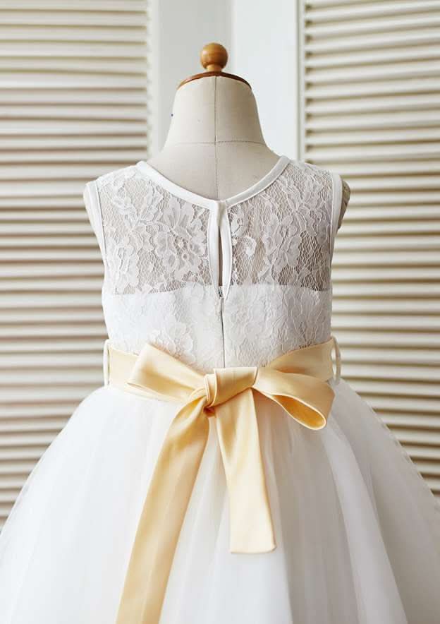 Knee-Length V Neck Lace Tulle Flower Girl Dress - A-line/Princess BM bride