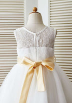 Knee-Length V Neck Lace Tulle Flower Girl Dress - A-line/Princess BM bride