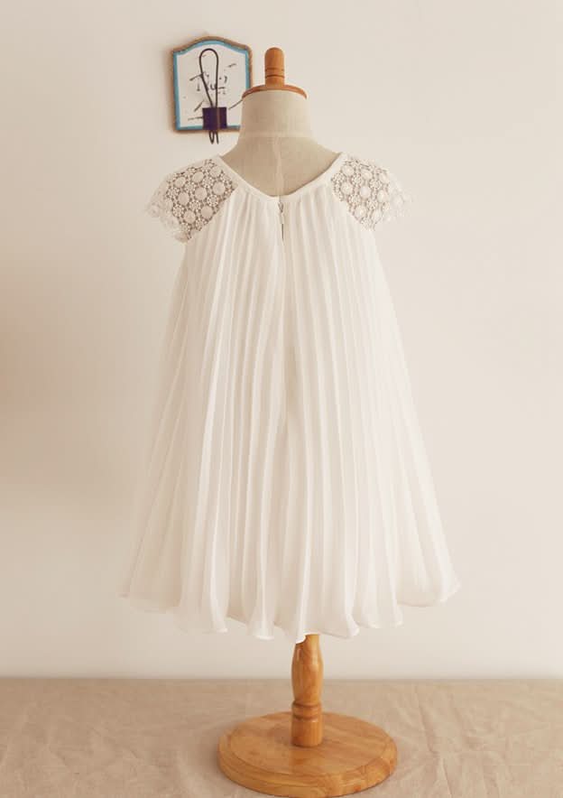 Knee-Length Chiffon Lace Dress with Pleated Elegance - A-line/Princess Scoop Neck Flower Girl Dress BM bride