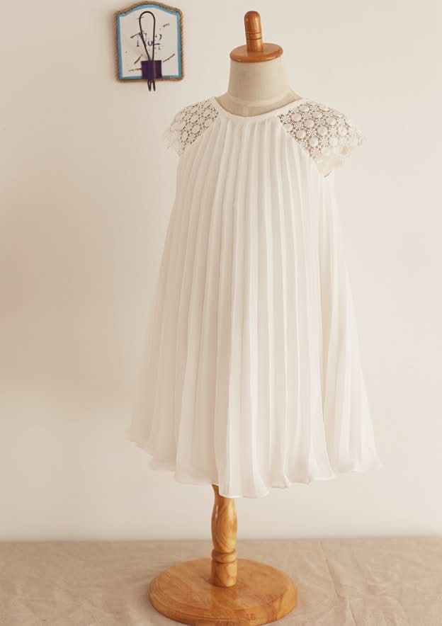 Knee-Length Chiffon Lace Dress with Pleated Elegance - A-line/Princess Scoop Neck Flower Girl Dress BM bride