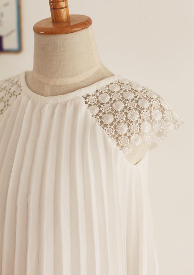 Knee-Length Chiffon Lace Dress with Pleated Elegance - A-line/Princess Scoop Neck Flower Girl Dress BM bride