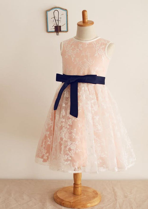 3/4 Sleeve Knee-Length Lace Flower Girl Dress with Charming Bowknot - A-line/Princess Scoop Neck BM bride