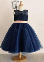 Ankle-Length Lace and Tulle Wedding Party Dress with Bowknot Sashes - A-line/Princess Scoop Neck Flower Girl Dress BM bride