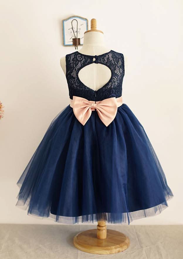 Ankle-Length Lace and Tulle Wedding Party Dress with Bowknot Sashes - A-line/Princess Scoop Neck Flower Girl Dress BM bride