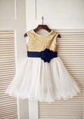 Short/Mini Sequined Tulle Flower Girl Dress with Floral Sashes - A-line/Princess Scoop Neck BM bride