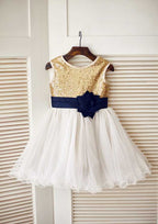 Short/Mini Sequined Tulle Flower Girl Dress with Floral Sashes - A-line/Princess Scoop Neck BM bride
