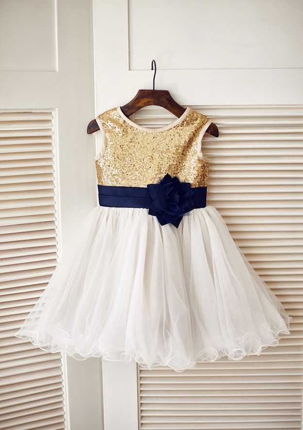 Short/Mini Sequined Tulle Flower Girl Dress with Floral Sashes - A-line/Princess Scoop Neck BM bride