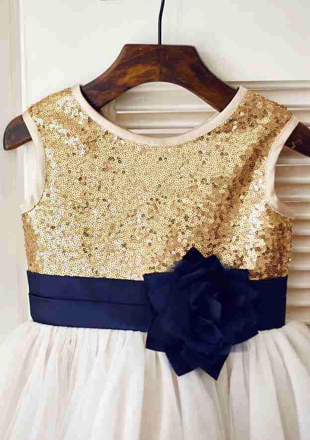 Short/Mini Sequined Tulle Flower Girl Dress with Floral Sashes - A-line/Princess Scoop Neck BM bride