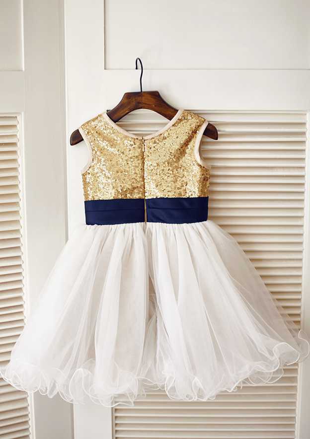 Short/Mini Sequined Tulle Flower Girl Dress with Floral Sashes - A-line/Princess Scoop Neck BM bride