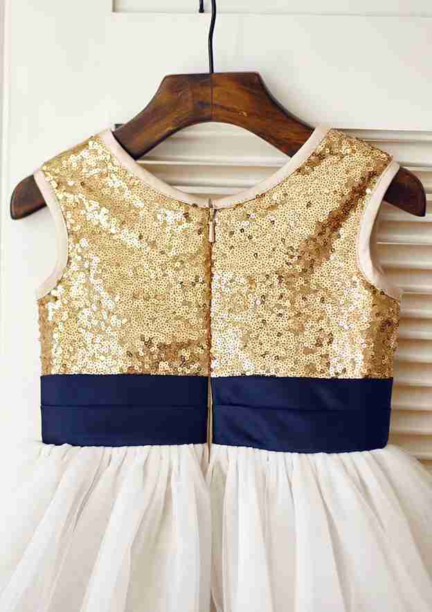Short/Mini Sequined Tulle Flower Girl Dress with Floral Sashes - A-line/Princess Scoop Neck BM bride