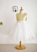 Knee-Length Sequined Tulle Flower Girl Dress with Bowknot Sashes - A-line/Princess Scoop Neck BM bride
