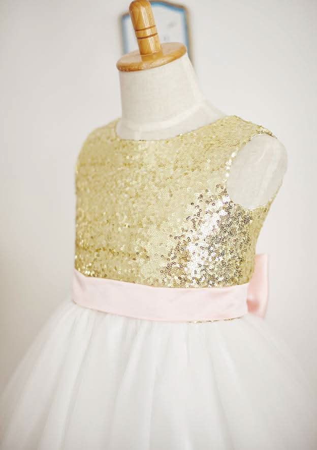 Knee-Length Sequined Tulle Flower Girl Dress with Bowknot Sashes - A-line/Princess Scoop Neck BM bride