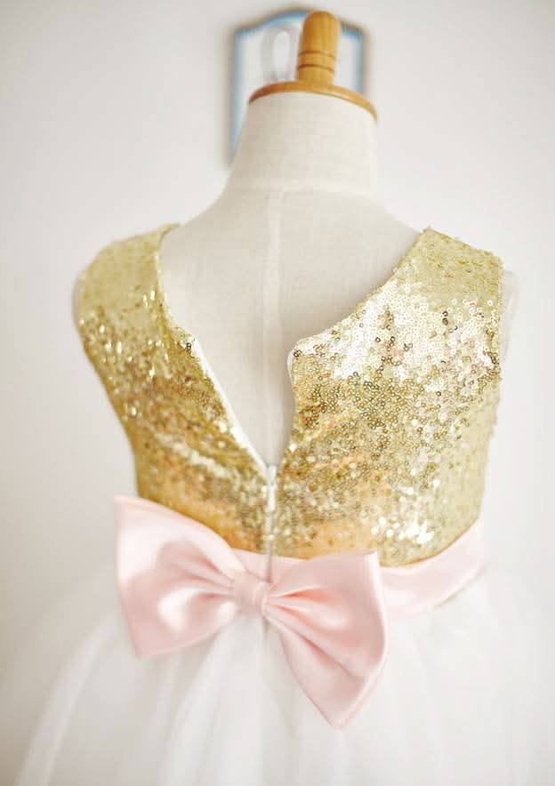 Knee-Length Sequined Tulle Flower Girl Dress with Bowknot Sashes - A-line/Princess Scoop Neck BM bride