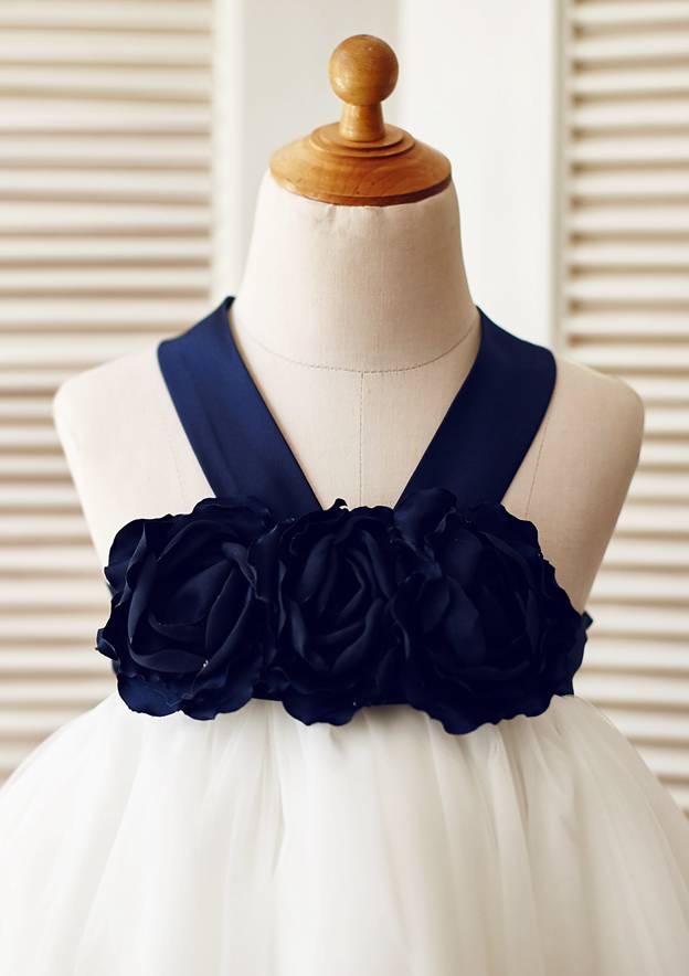 Knee-Length Satin and Tulle Flower Girl Dress with Floral Accents - A-line/Princess Halter Neck BM bride