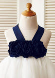 Knee-Length Satin and Tulle Flower Girl Dress with Floral Accents - A-line/Princess Halter Neck BM bride