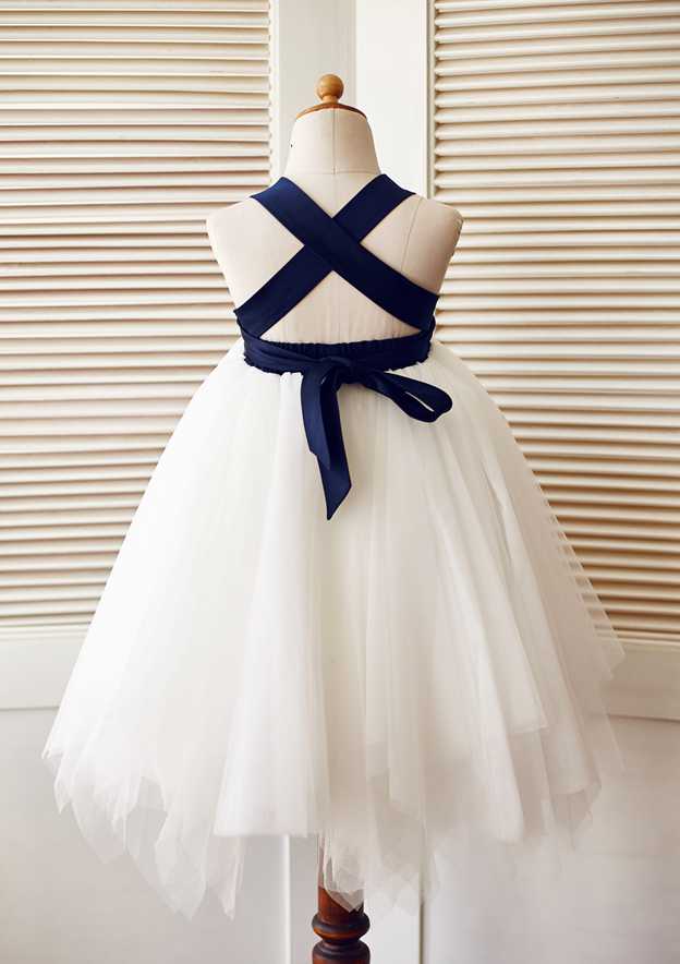Knee-Length Satin and Tulle Flower Girl Dress with Floral Accents - A-line/Princess Halter Neck BM bride