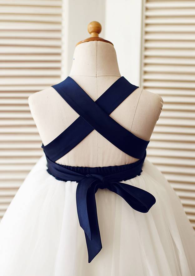 Knee-Length Satin and Tulle Flower Girl Dress with Floral Accents - A-line/Princess Halter Neck BM bride