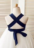 Knee-Length Satin and Tulle Flower Girl Dress with Floral Accents - A-line/Princess Halter Neck BM bride