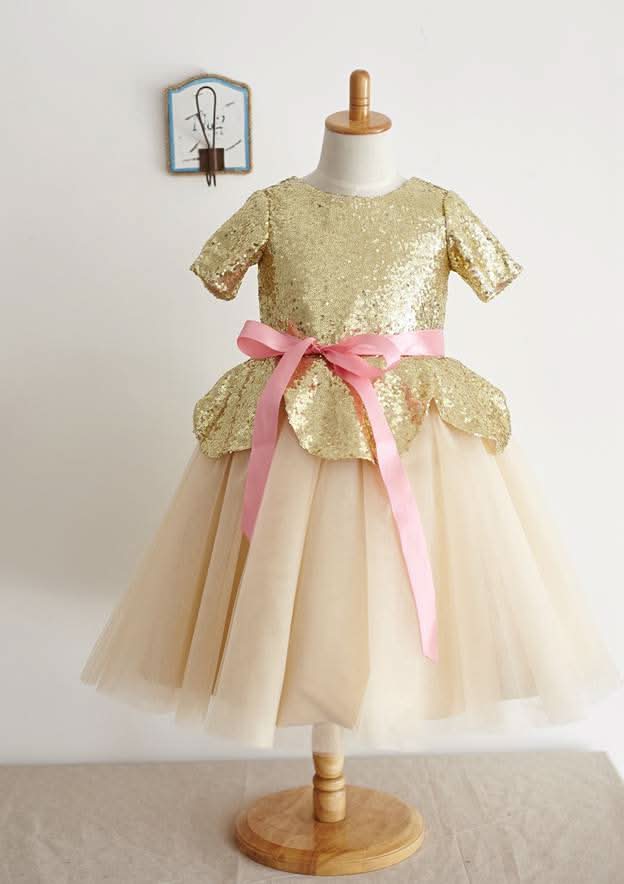 Short Sleeve Knee-Length Sequined Tulle Dress with Stylish Sashes - A-line/Princess Scoop Neck Flower Girl Dress BM bride