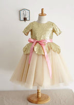 Short Sleeve Knee-Length Sequined Tulle Dress with Stylish Sashes - A-line/Princess Scoop Neck Flower Girl Dress BM bride